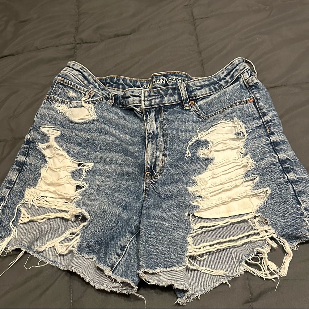 American Eagle Outfitters Women's Highest Rise Ripped Blue Jean Shorts